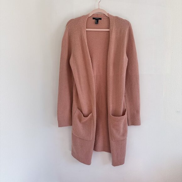 Forever 21 Patch-Pocket Cardigan Long Sweater Size M Mauve Pink / Taupe - Picture 1 of 10